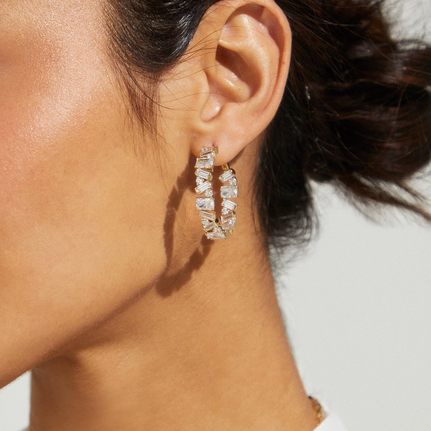 STERLING SILVER JAZZ CZ DECO HOOP EARRINGS