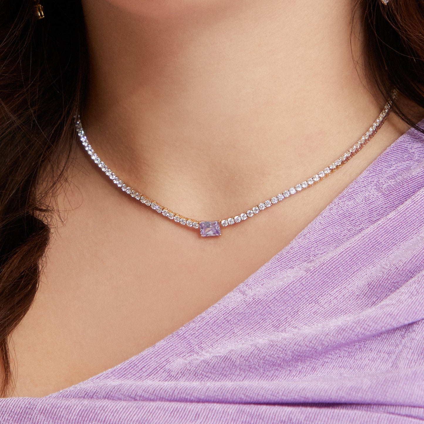 TENNIS ANYONE LAVENDER EMERALD CUT CZ TENNIS NECKLACE