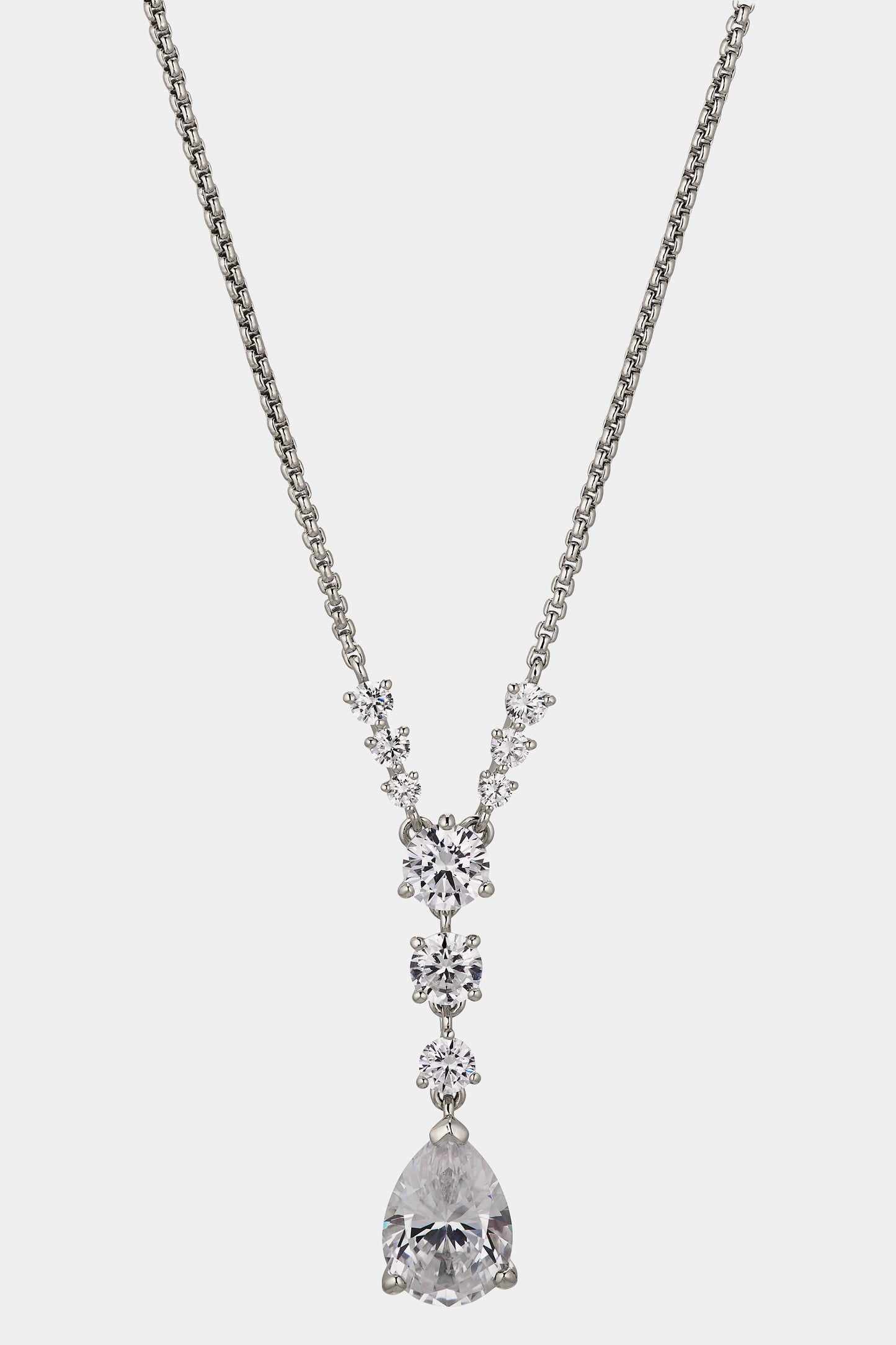HALLE CZ SHORT Y NECKLACE IN RHODIUM PLATING.