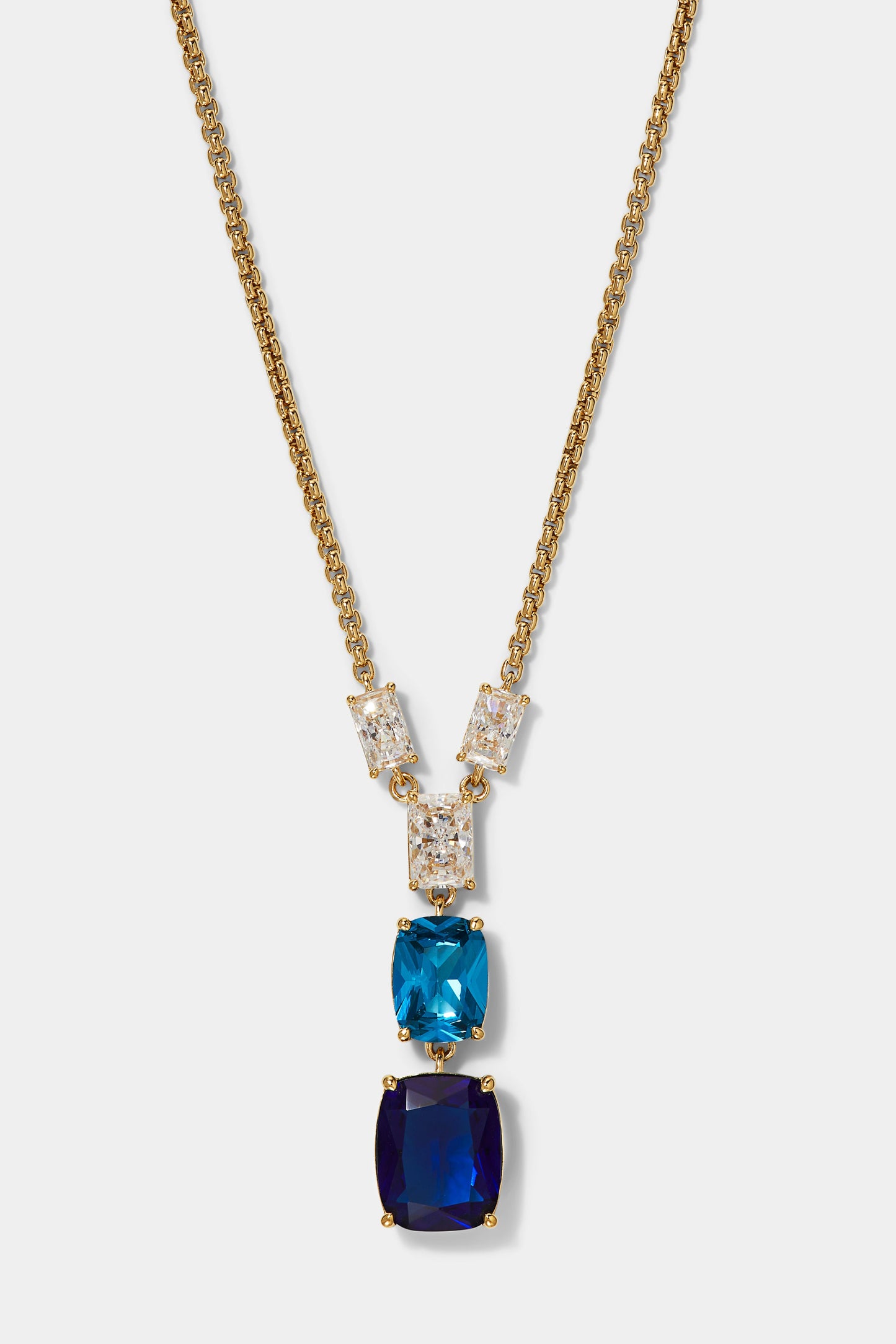 NORTHERN LIGHTS BLUE CZ ADJSUTABLE SMALL Y NECKLACE IN GOLD PLATING.
