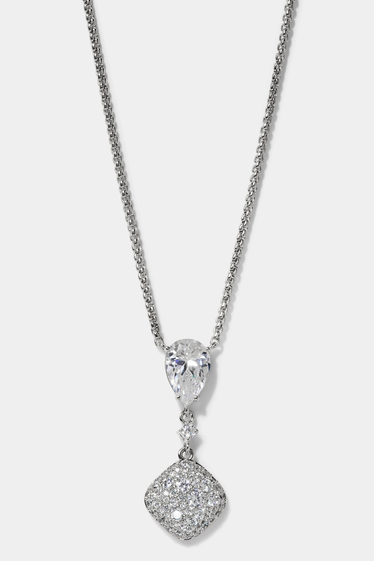 CRUSHED PAVE CUSHION DROP NECKLACE IN RHODIUM