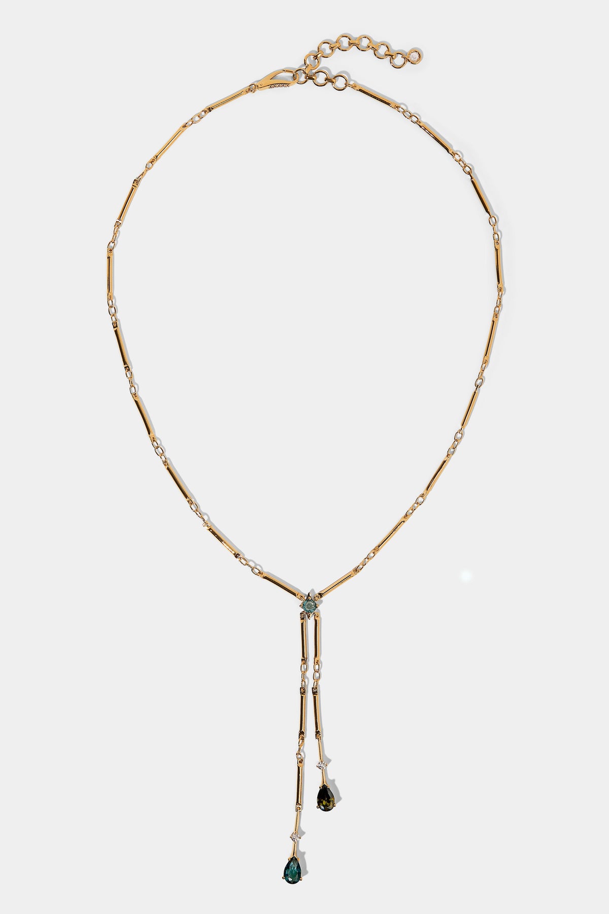 HERA MULTI FAUX LARIAT NECKLACE WITH MULTI COLORED STONES AND GOLD PLATING