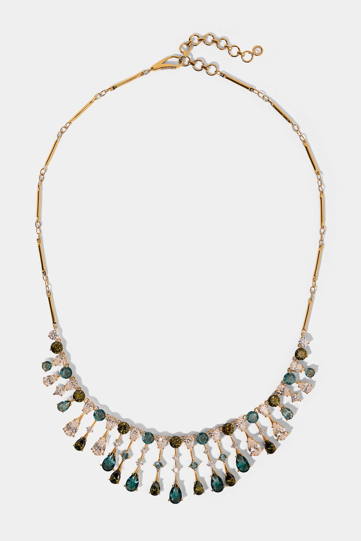 HERA MULTI FRINGE FRONTAL NECKLACE  WITH MULTI COLORED STONES AND GOLD PLATING