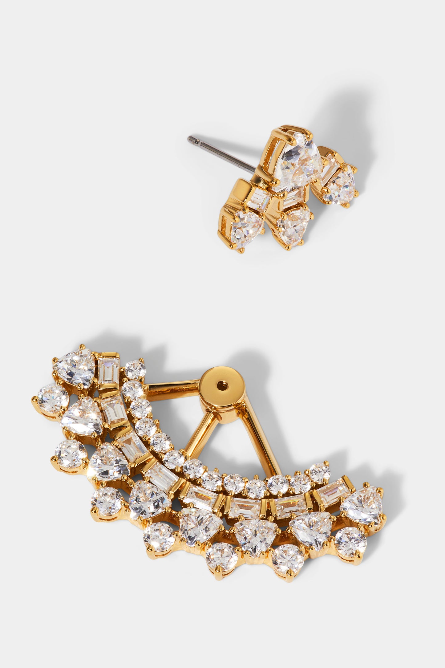 LUXOR CZ FAN JACKET EARRINGS IN GOLD PLATING - DETAIL SHOT SHOWING STUD AND BACK SEPARATE PIECES. 