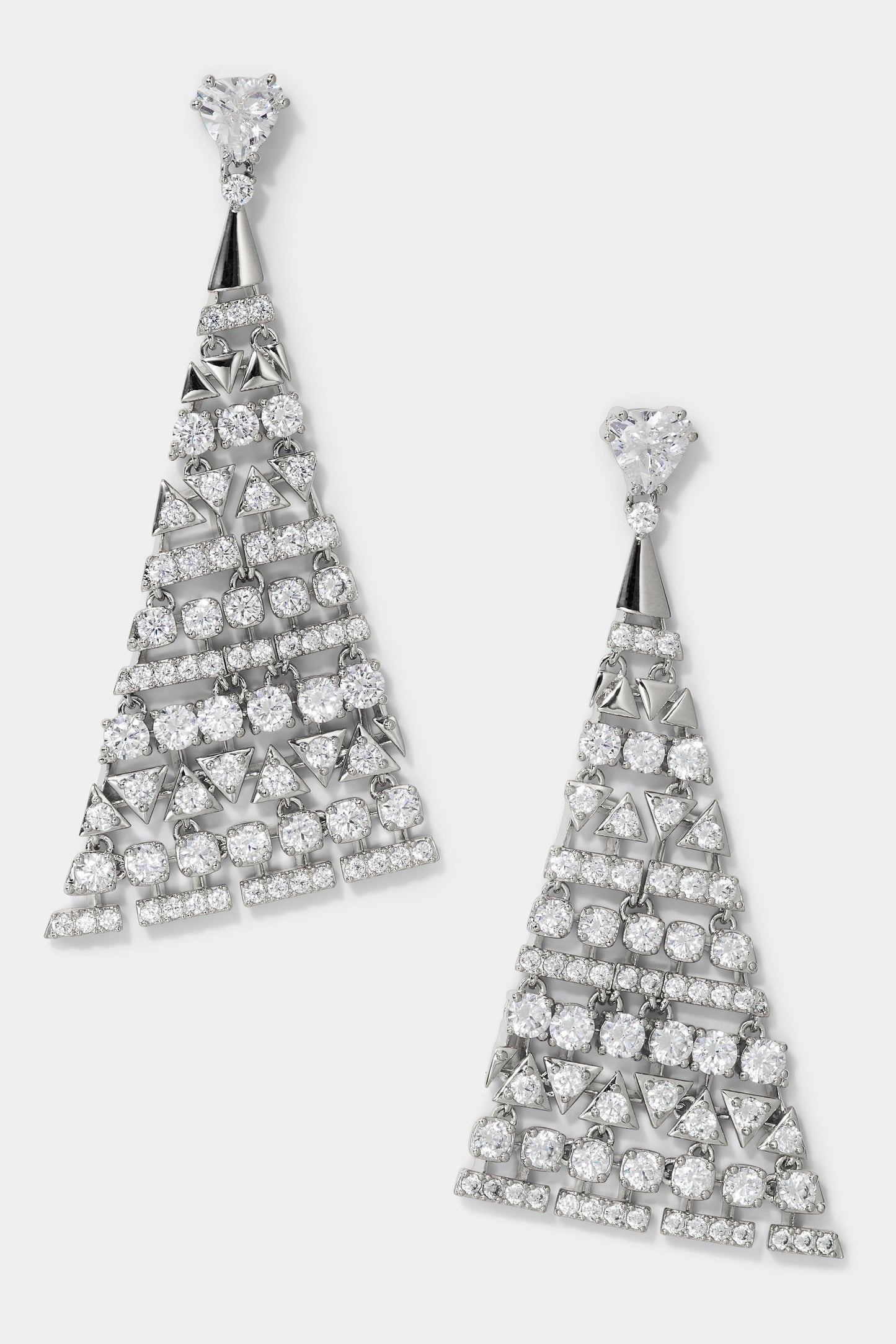 LUXOR TRIANGLE CZ DROP EARRINGS IN RHODIUM PLATING. 