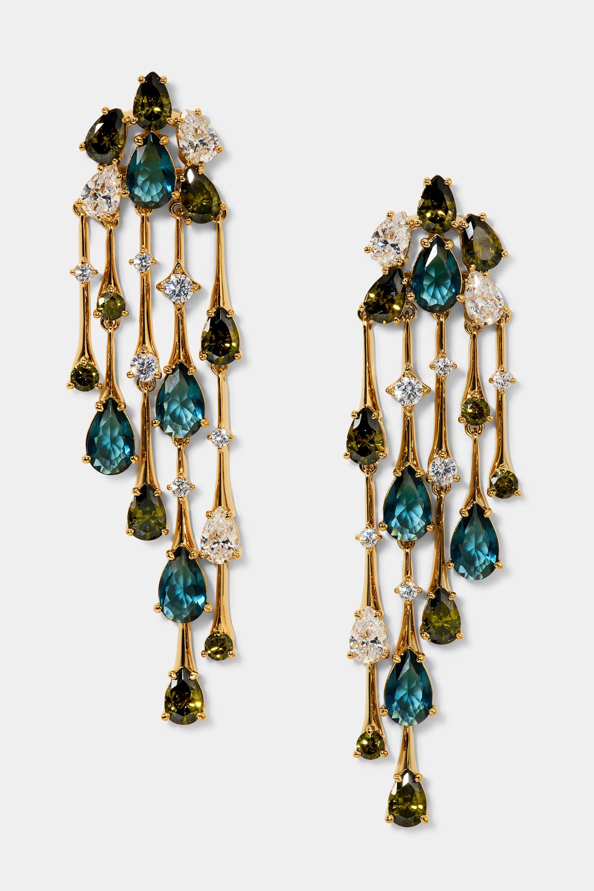 HERA MULTI CHANDELIER EARRINGS WITH MULTI COLORED STONES AND GOLD PLATING