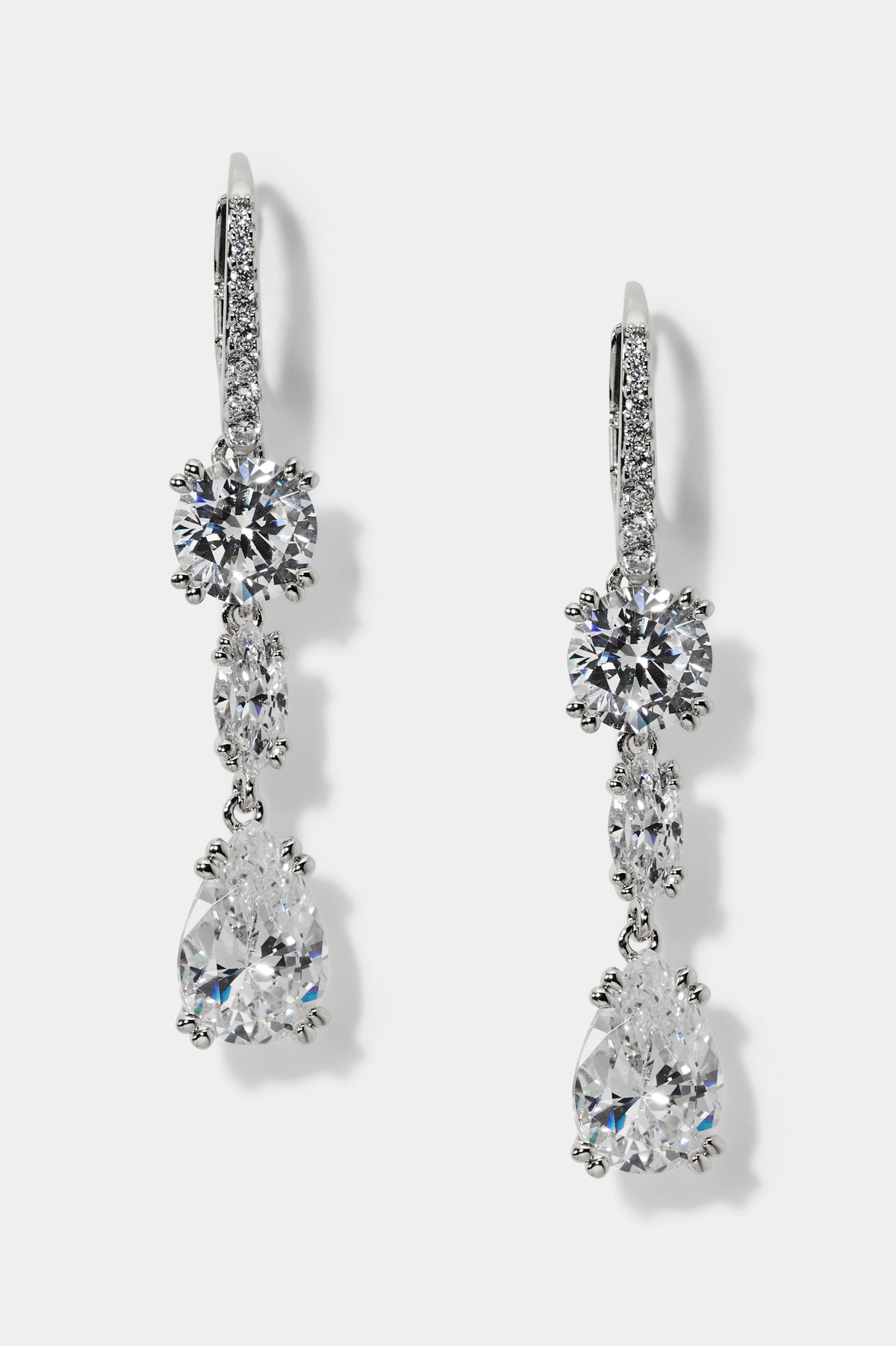 TWINNIE LEVERBACK DROP EARRINGS IN RHODIUM PLATING