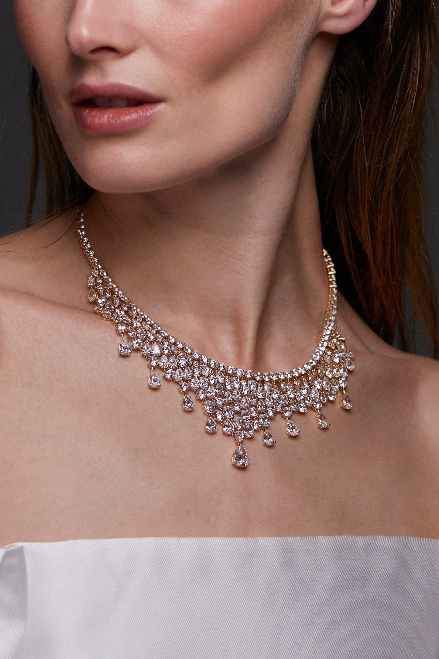 IMAGE OF OVER THE TOP GLAM CZ COLLAR NECKLACE ON MODEL