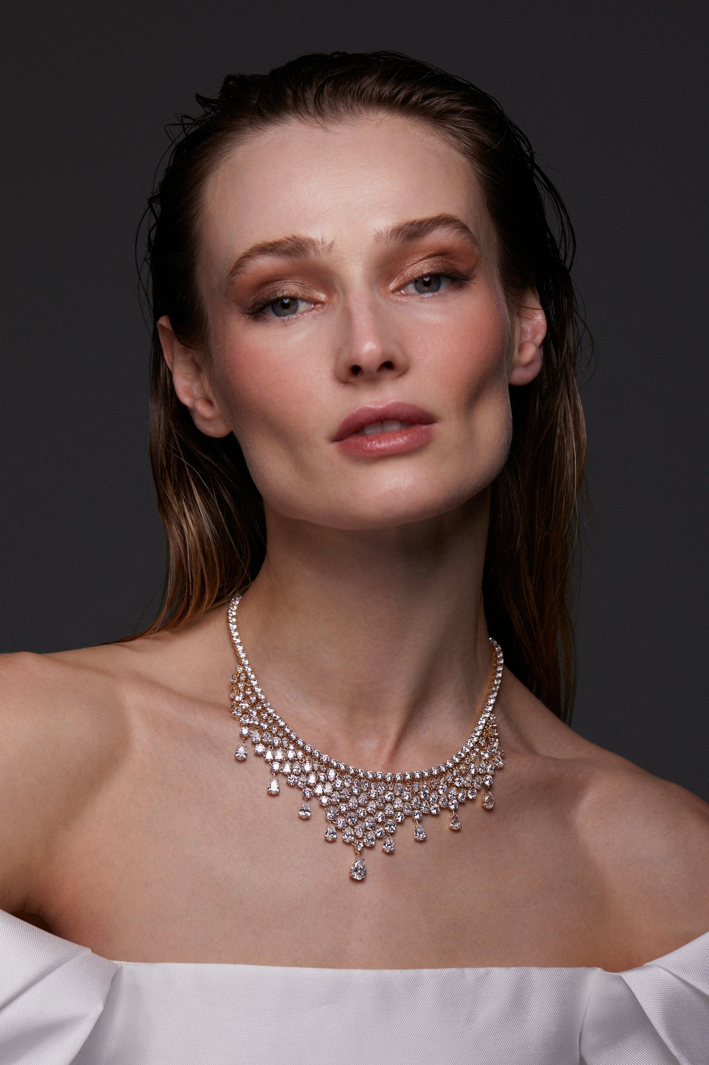 IMAGE OF OVER THE TOP GLAM CZ COLLAR NECKLACE ON MODEL