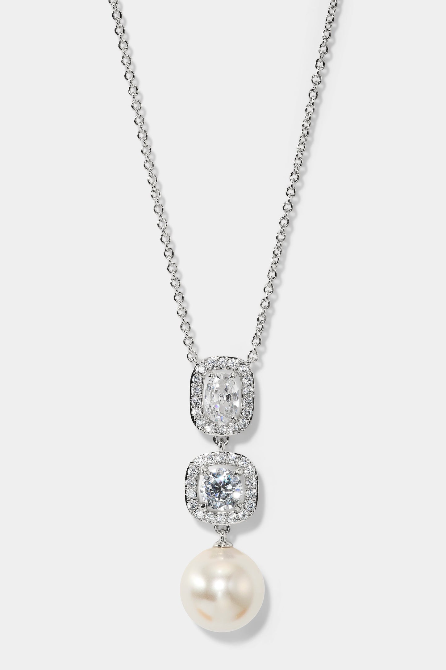 UNDER THE SEA CUSHION HALO PEARL Y NECKLACE IN RHODIUM PLATING