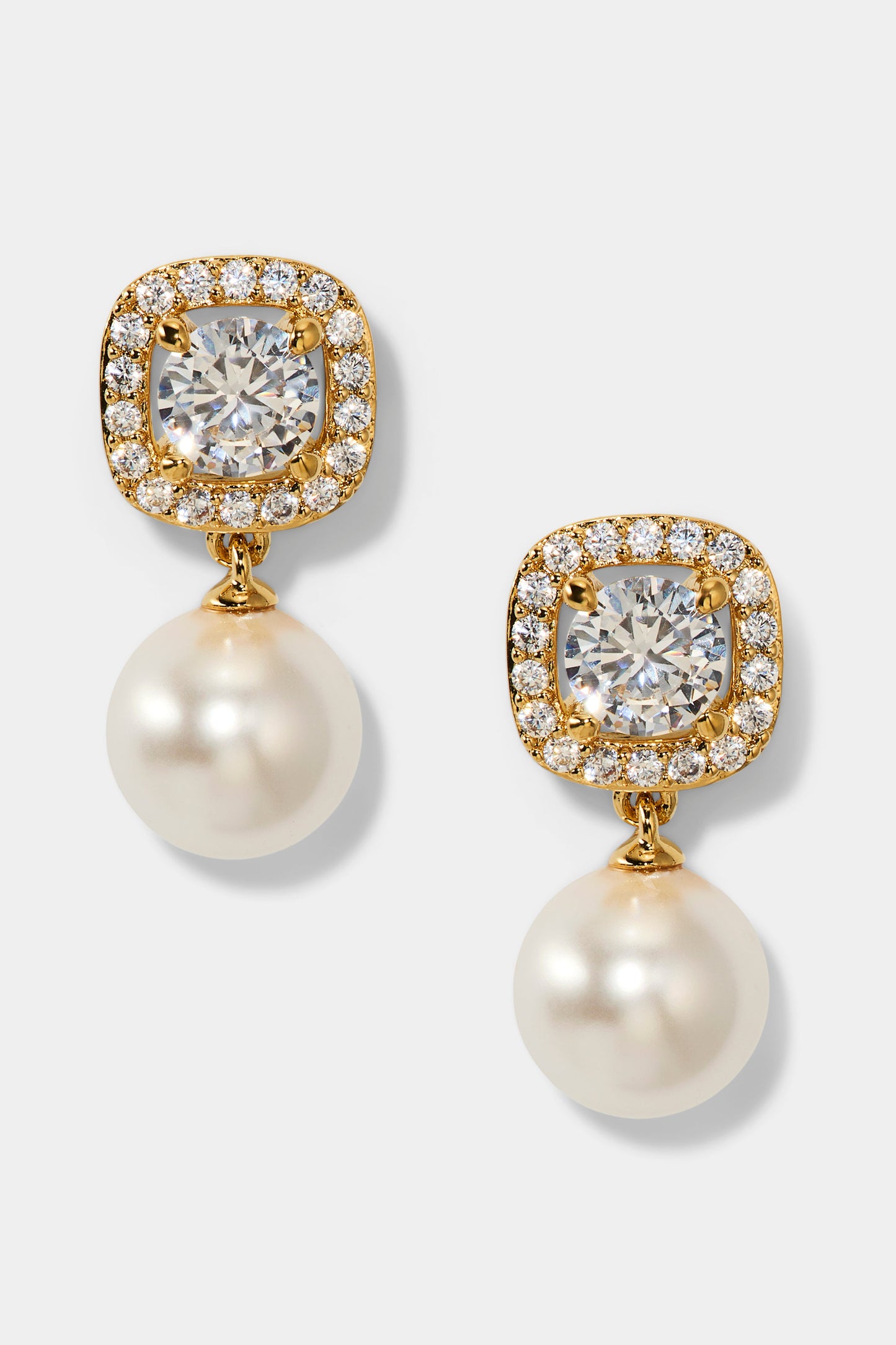 UNDER THE SEA CUSHION HALO PEARL DROP EARRINGS IN GOLD PLATING