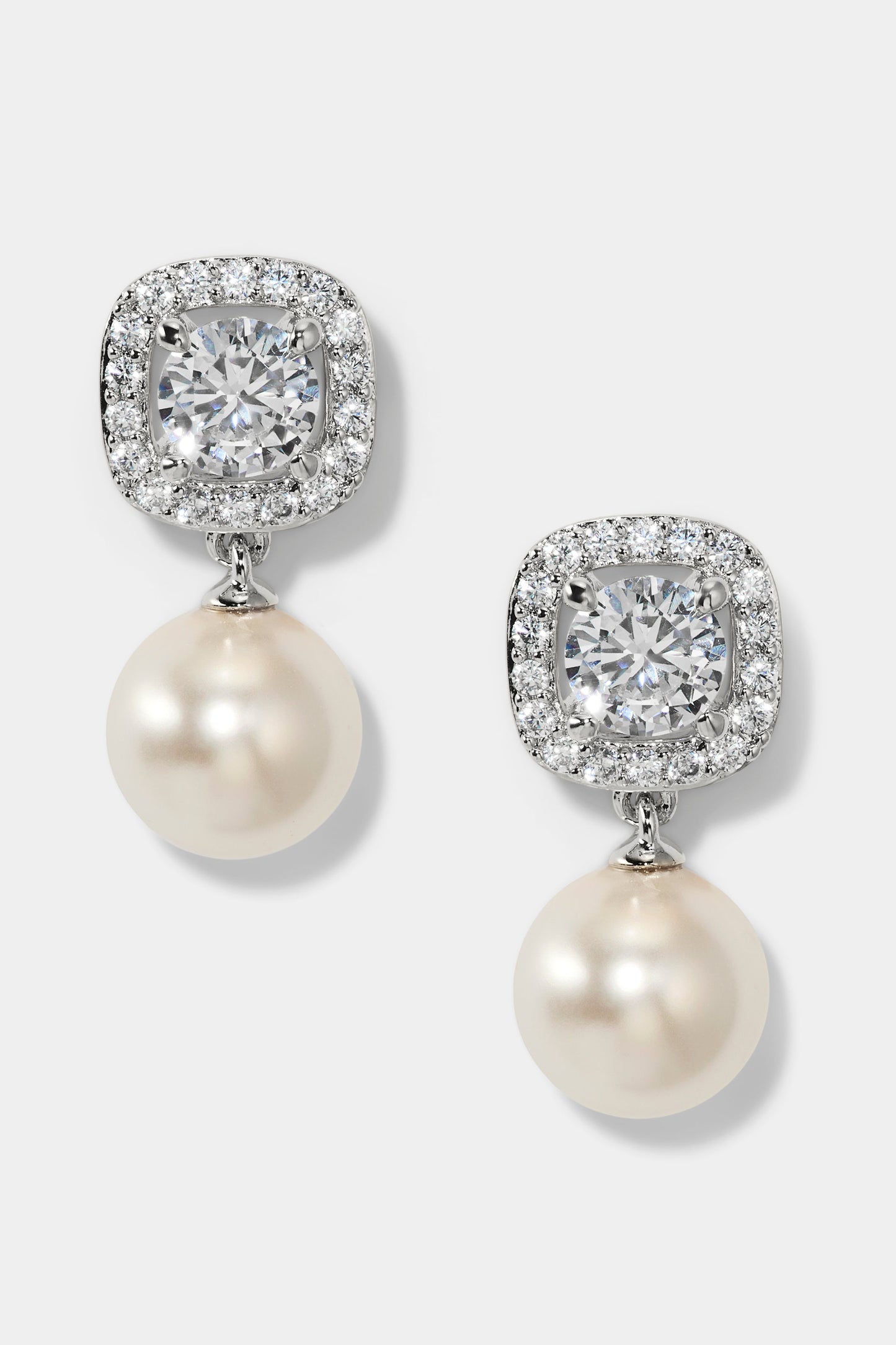 UNDER THE SEA CUSHION HALO PEARL DROP EARRINGS IN RHODIUM PLATING