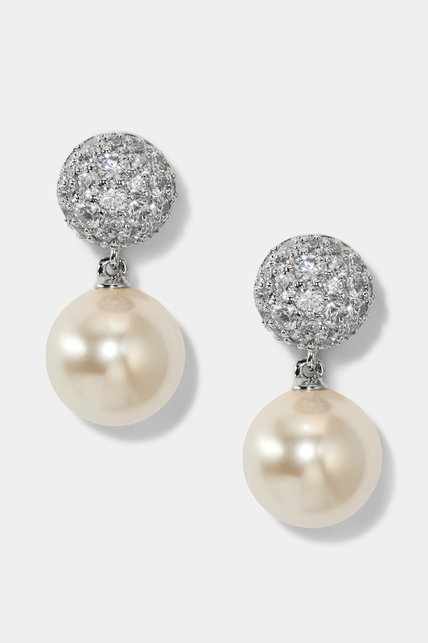 UNDER THE SEA PAVE PEARL DOUBLE DROP EARRINGS IN RHODIUM PLATING