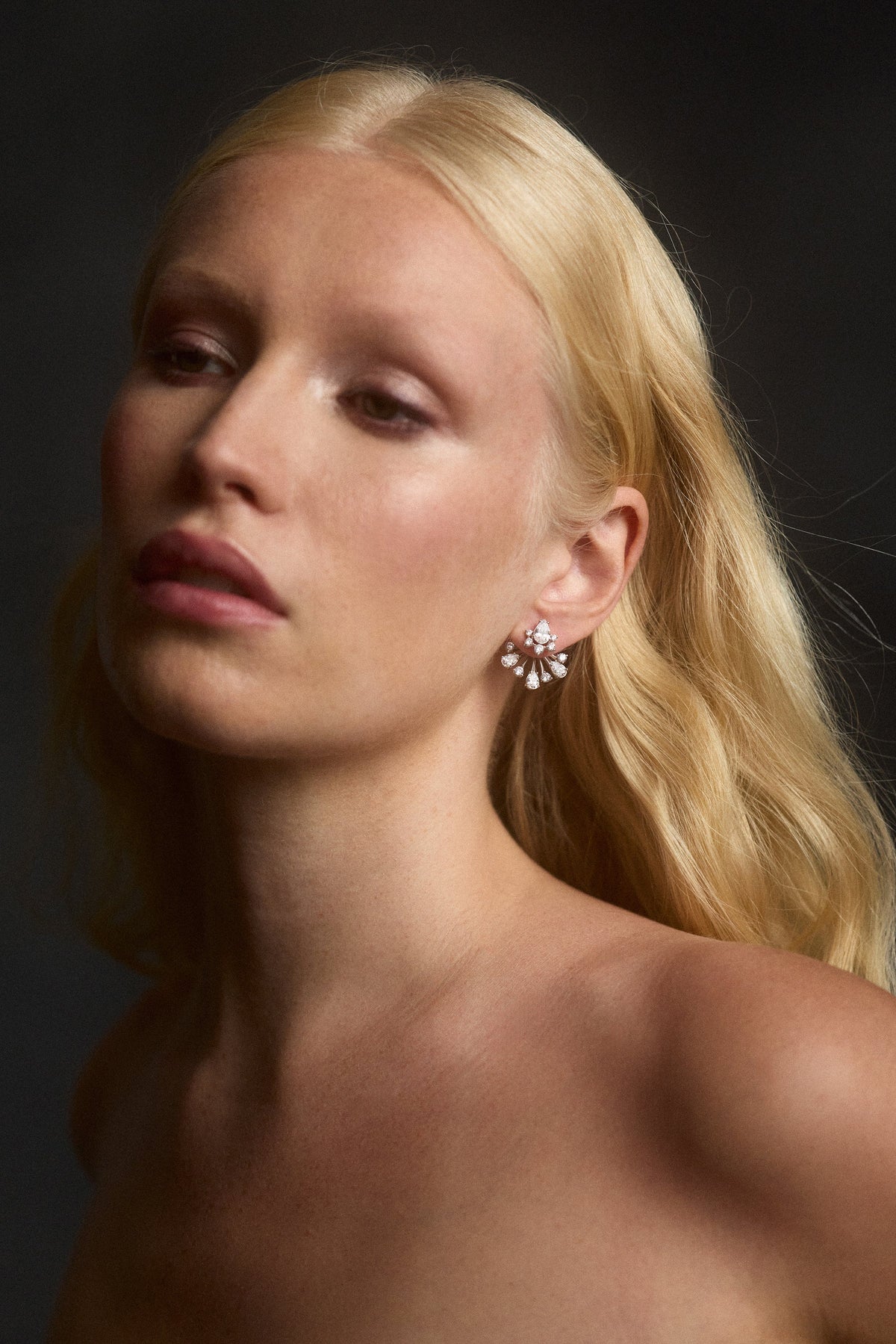 MODEL WITH BLONDE HAIR LOOKING SLIGHTLY TO THE SIDE WEARING THE HERA FRONTBACK EARRINGS