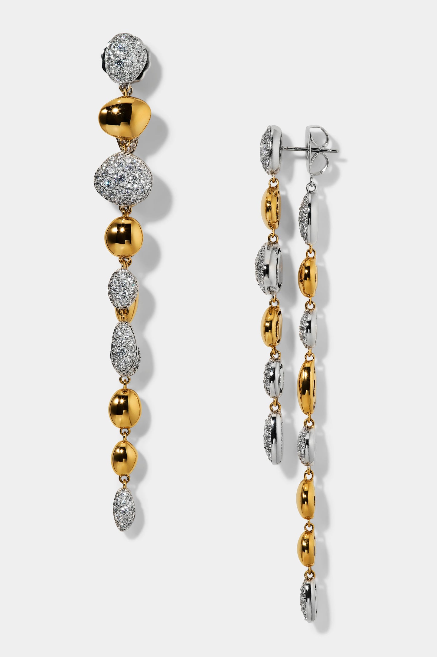 PEBBLES FRONTBACK LINEAR EARRINGS IN GOLD AND RHODIUM PLATING