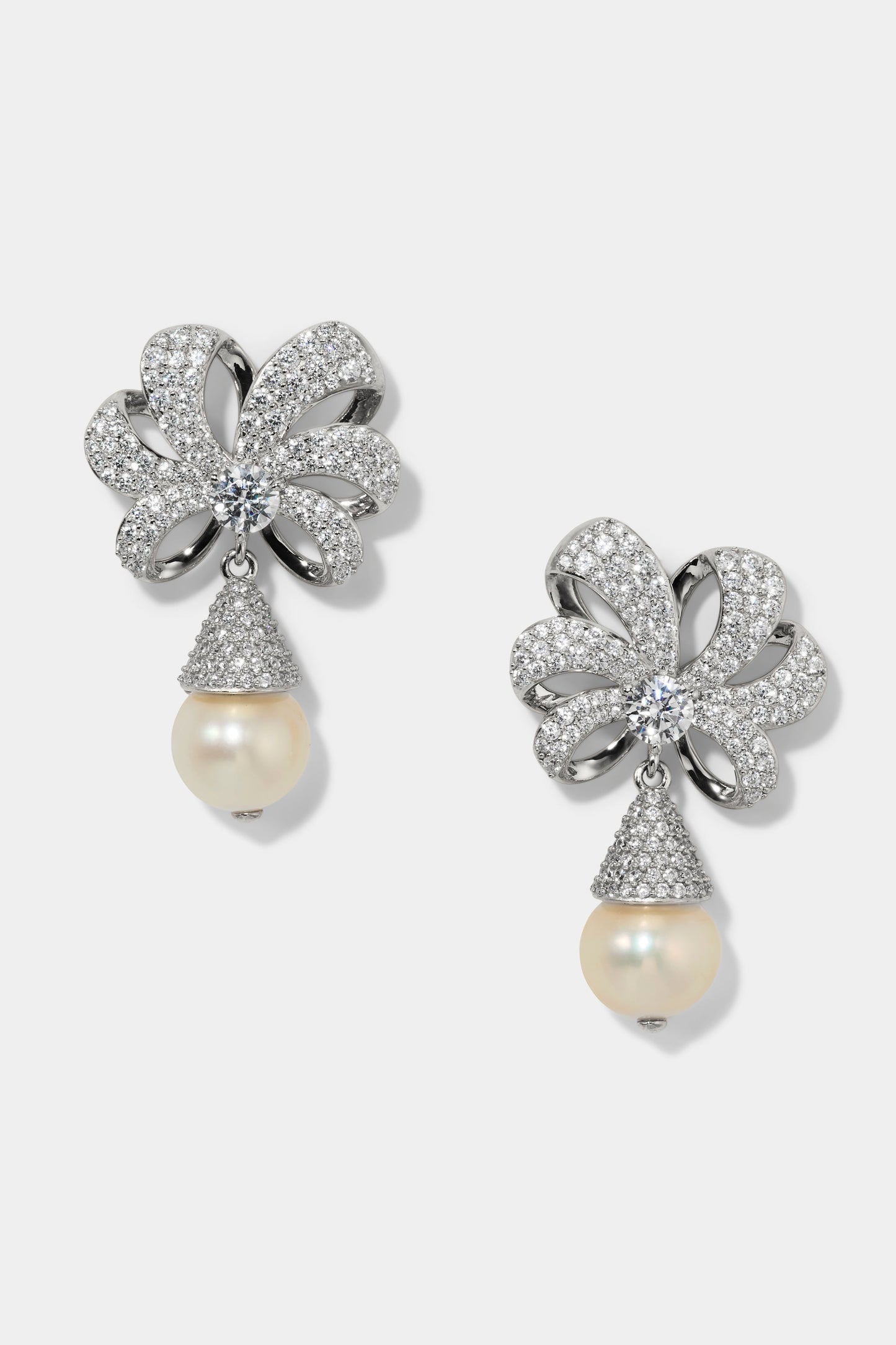 EROS PEARL DROP POST EARRINGS IN RHODIUM PLATING
