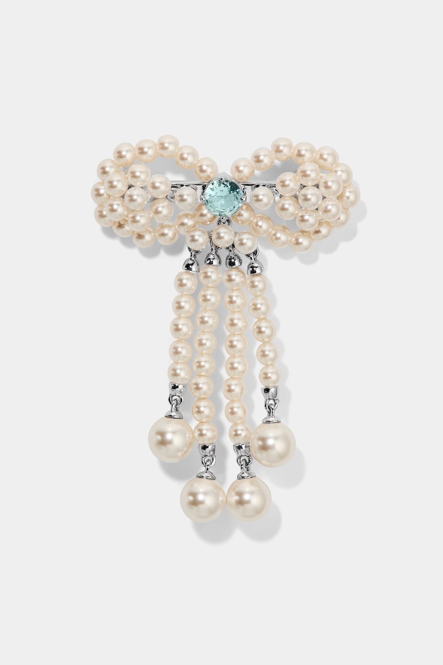 CEREMONY SWAG AQUA PEARL BOW PIN BAG CHARM IN RHODIUM PLATING