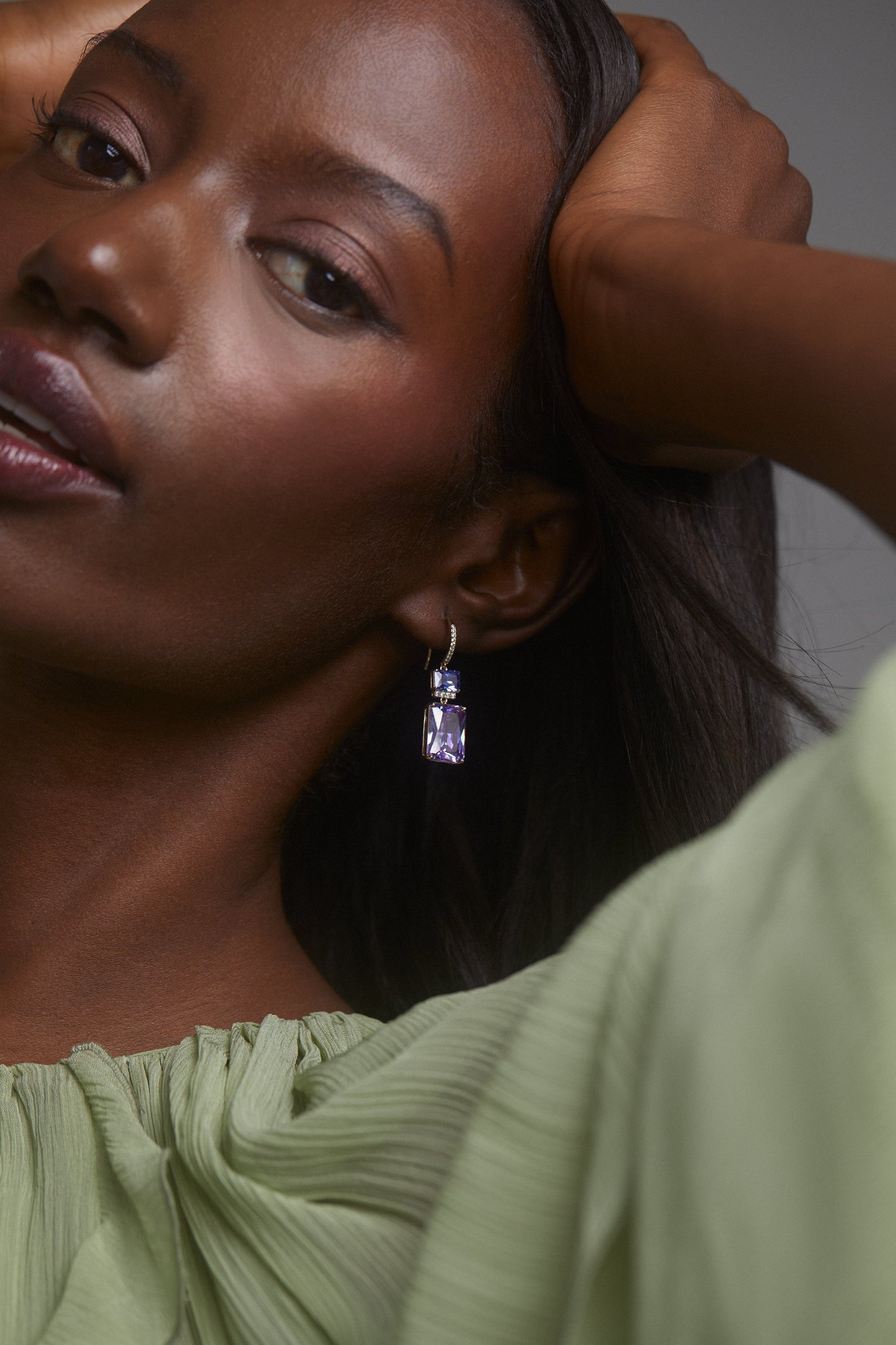 MACARON LAVENDER EMERALD CZ DOUBLE DROP EARRINGS