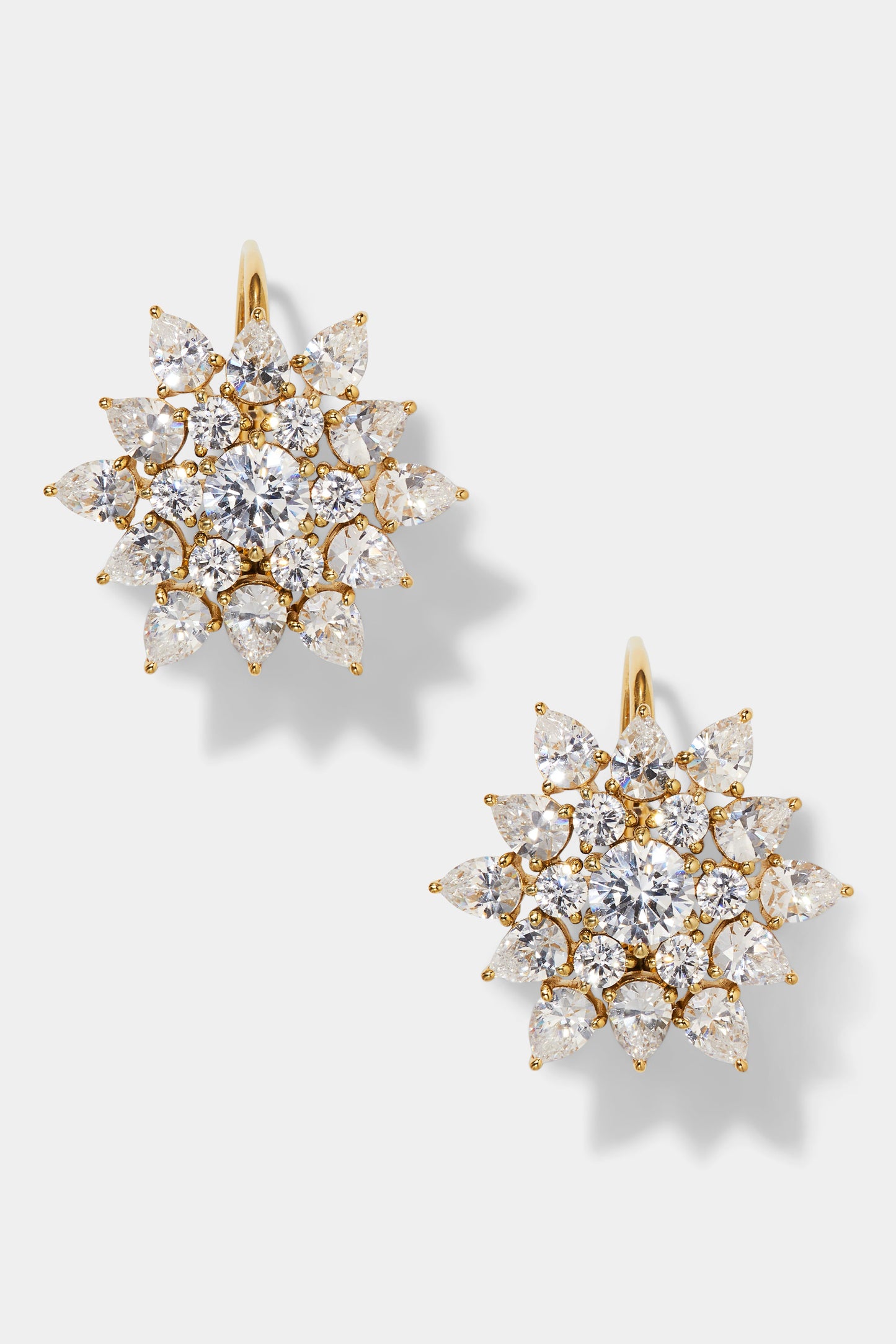DAHLIA CLUSTER LEVERBACK EARRINGS IN GOLD PLATING FROM THE FRONT VIEW. 