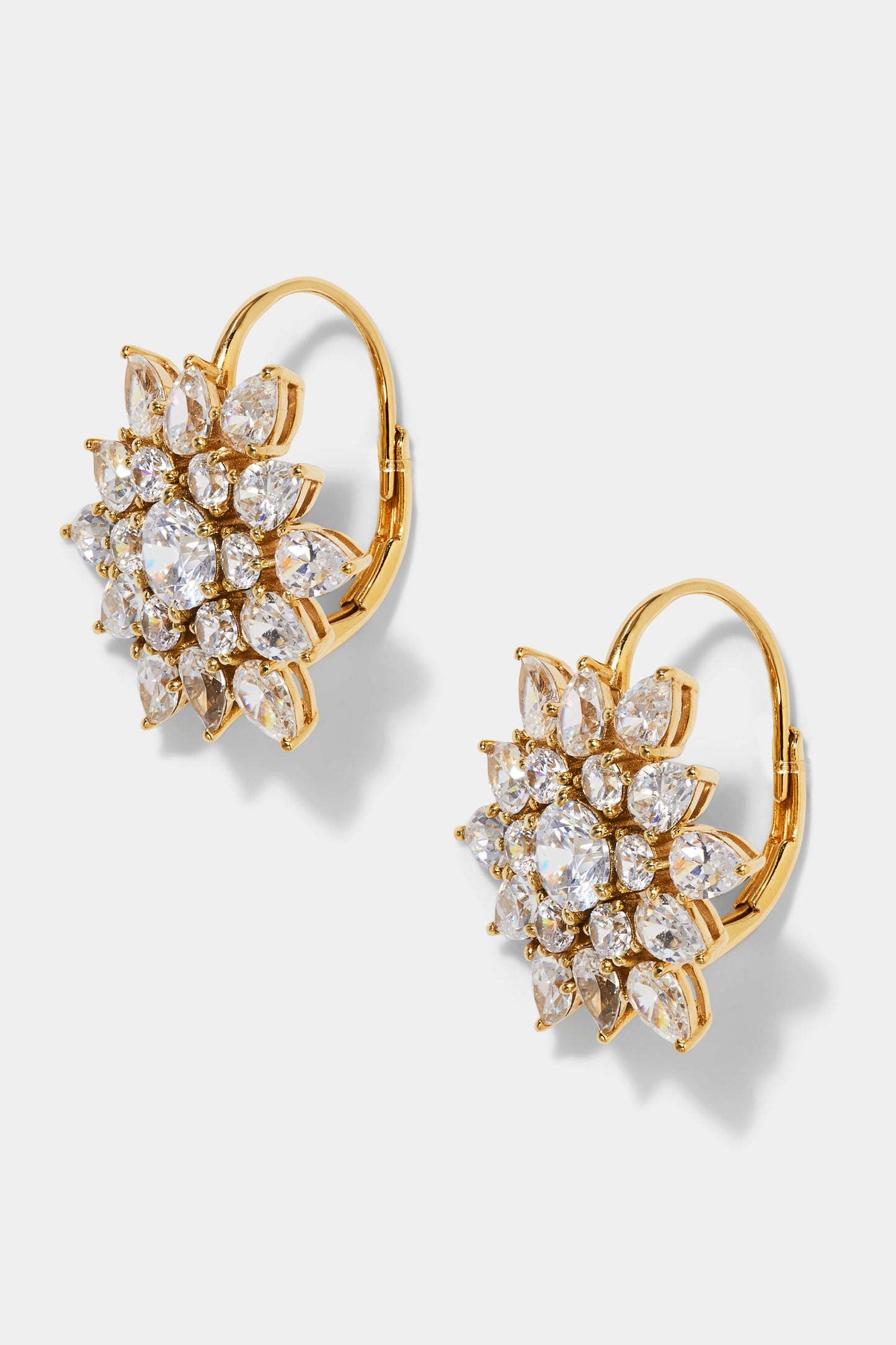 DAHLIA CLUSTER LEVERBACK EARRINGS IN GOLD PLATING FROM THE SIDE VIEW. 