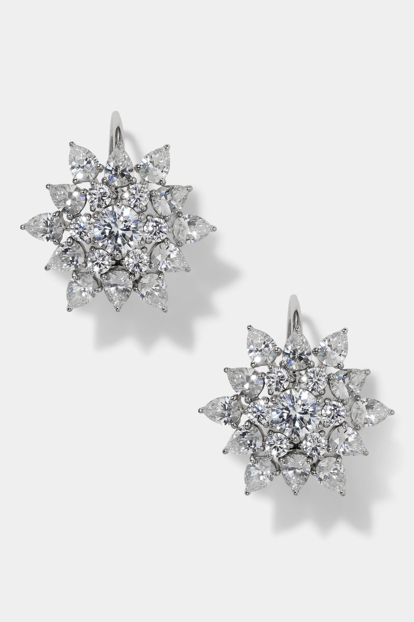 DAHLIA CLUSTER LEVERBACK EARRINGS IN RHODIUM PLATING FROM THE FRONT VIEW. 