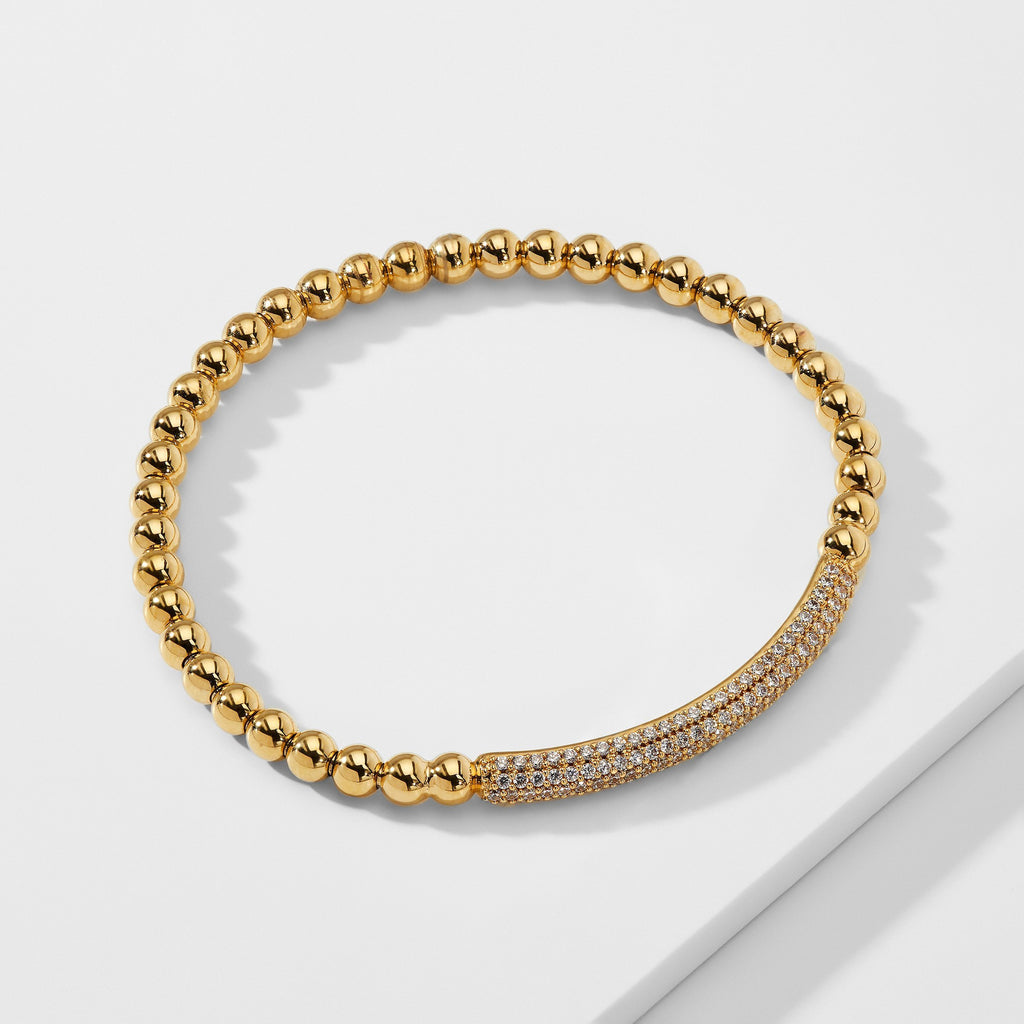 ROUNDED PAVE BAR BEADED METAL STRETCH BRACELET