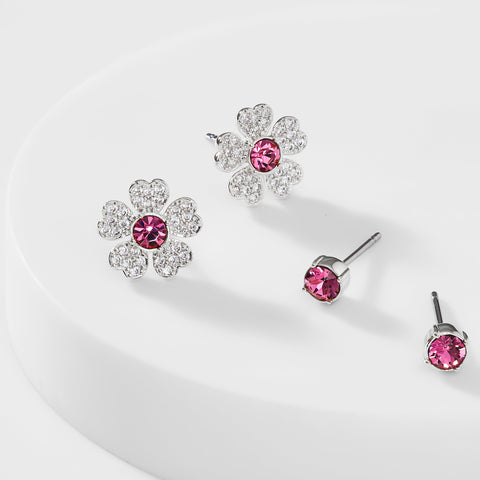 CZ PINK FLOWER SET OF STUD EARRINGS