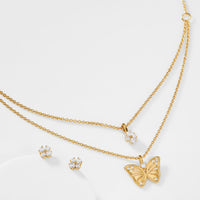 CZ FLOWER STUD EARRINGS AND BUTTERFLY NECKLACE SET