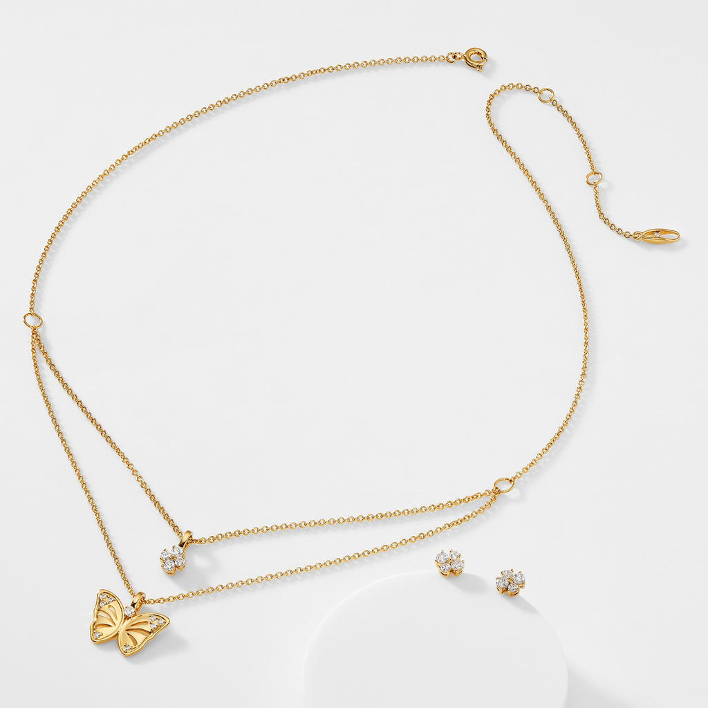 CZ FLOWER STUD EARRINGS AND BUTTERFLY NECKLACE SET