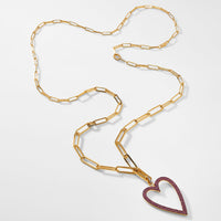 LONG PINK PAVE CRYSTAL HEART CHAIN LINK NECKLACE