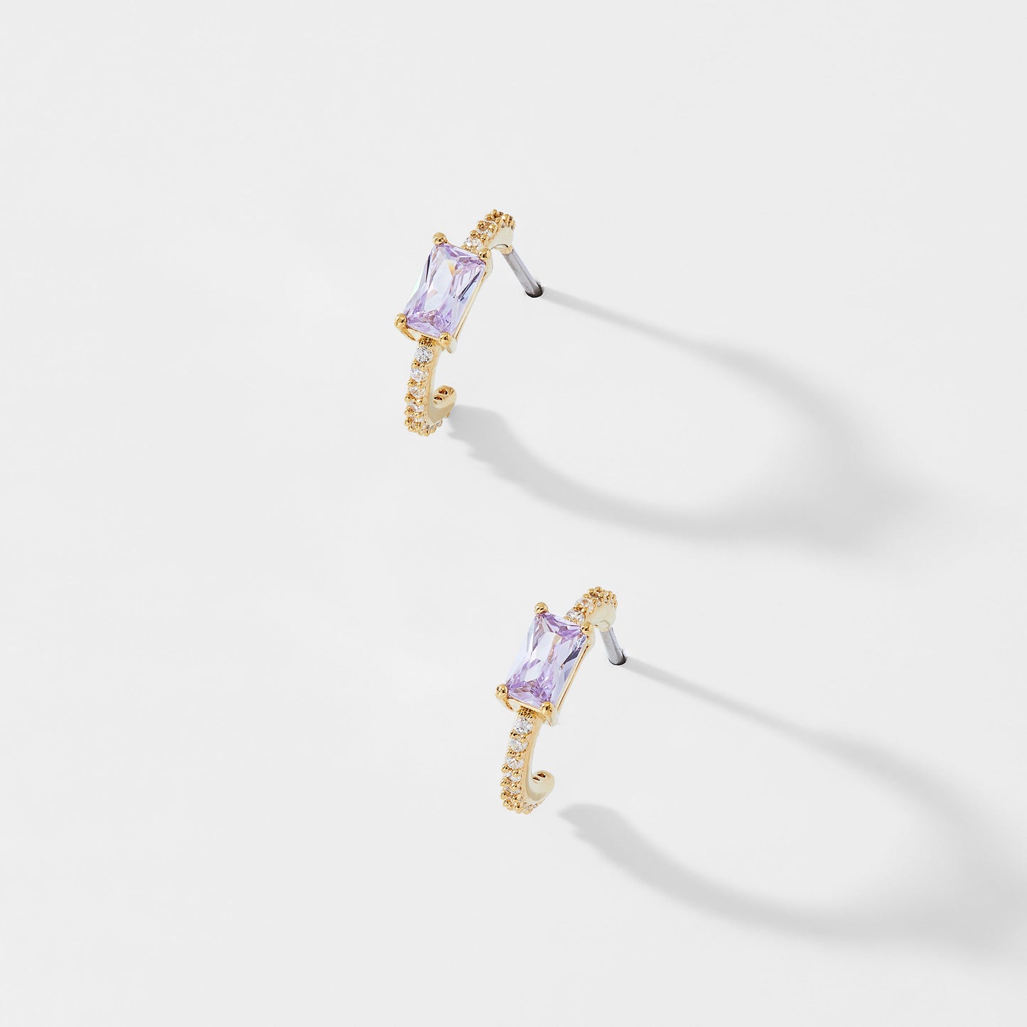 TENNIS ANYONE EMERALD CUT LAVENDER AND PAVE CZ HUGGIE HOOPS