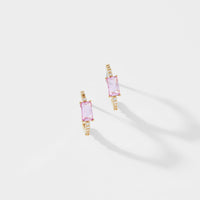 TENNIS ANYONE EMERALD CUT PINK STONE AND PAVE CZ HUGGIE HOOPS