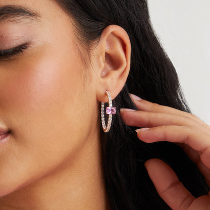 TENNIS ANYONE PINK STONE AND CZ HOOP EARRINGS