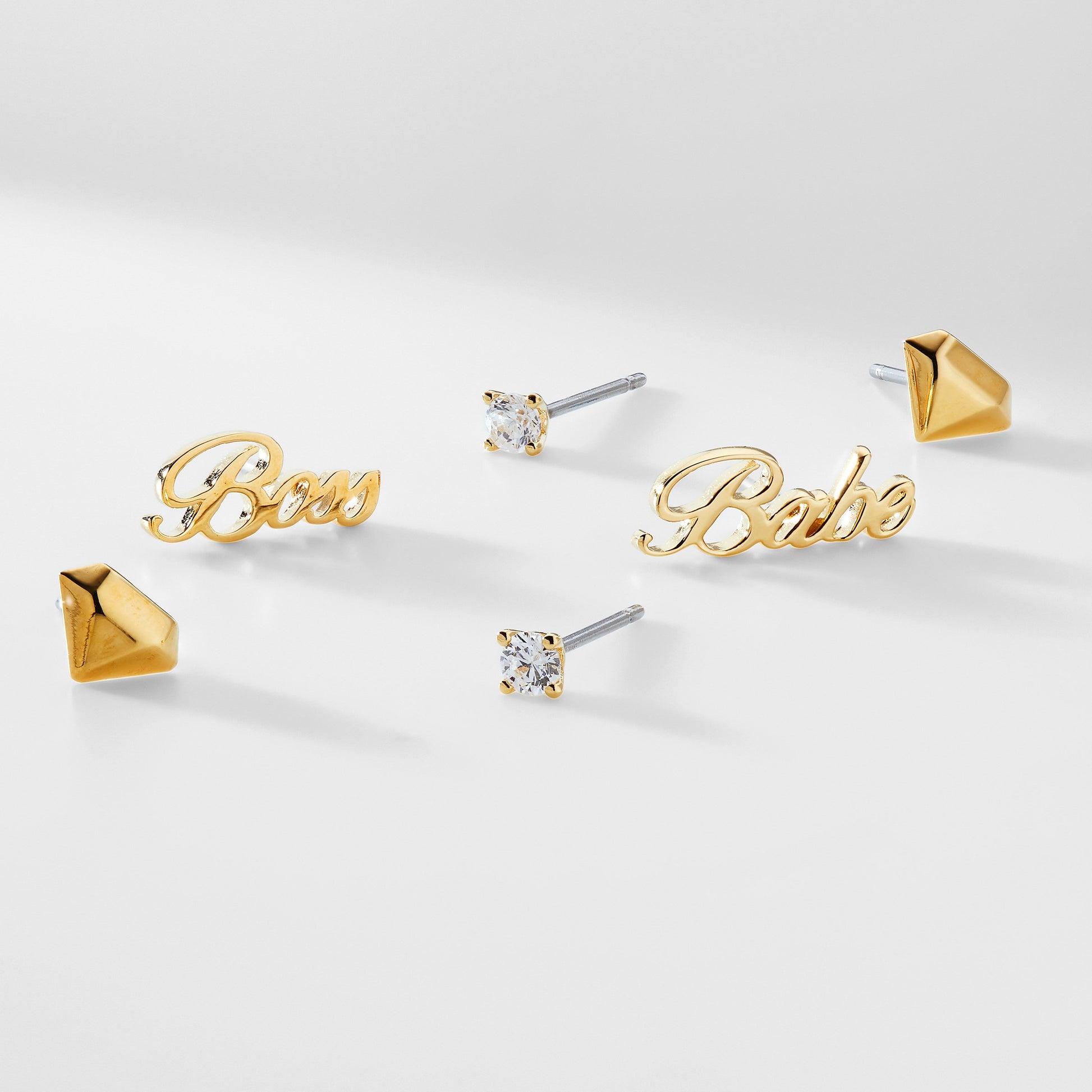 """""""""""""""""""""""""""""""""""""""""""""""""""""""""""""""Gold diamond shape stud earrings, cubic zirconia studs, and studs that say """"""""""""""""""""""""""""""""""""""""""""""""""""""""""""""""Boss Babe"""""""""""""""""""""""""""""""""""""""""""""""""""""""""""""""""""""""""""""""""""""""""""""""""""""""""""""""""""""""""""""""