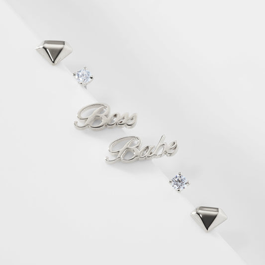 """""""""""""""""""""""""""""""""""""""""""""""""""""""""""""""Silver diamond shape stud earrings, cubic zirconia studs, and studs that say """"""""""""""""""""""""""""""""""""""""""""""""""""""""""""""""Boss Babe"""""""""""""""""""""""""""""""""""""""""""""""""""""""""""""""""""""""""""""""""""""""""""""""""""""""""""""""""""""""""""""""