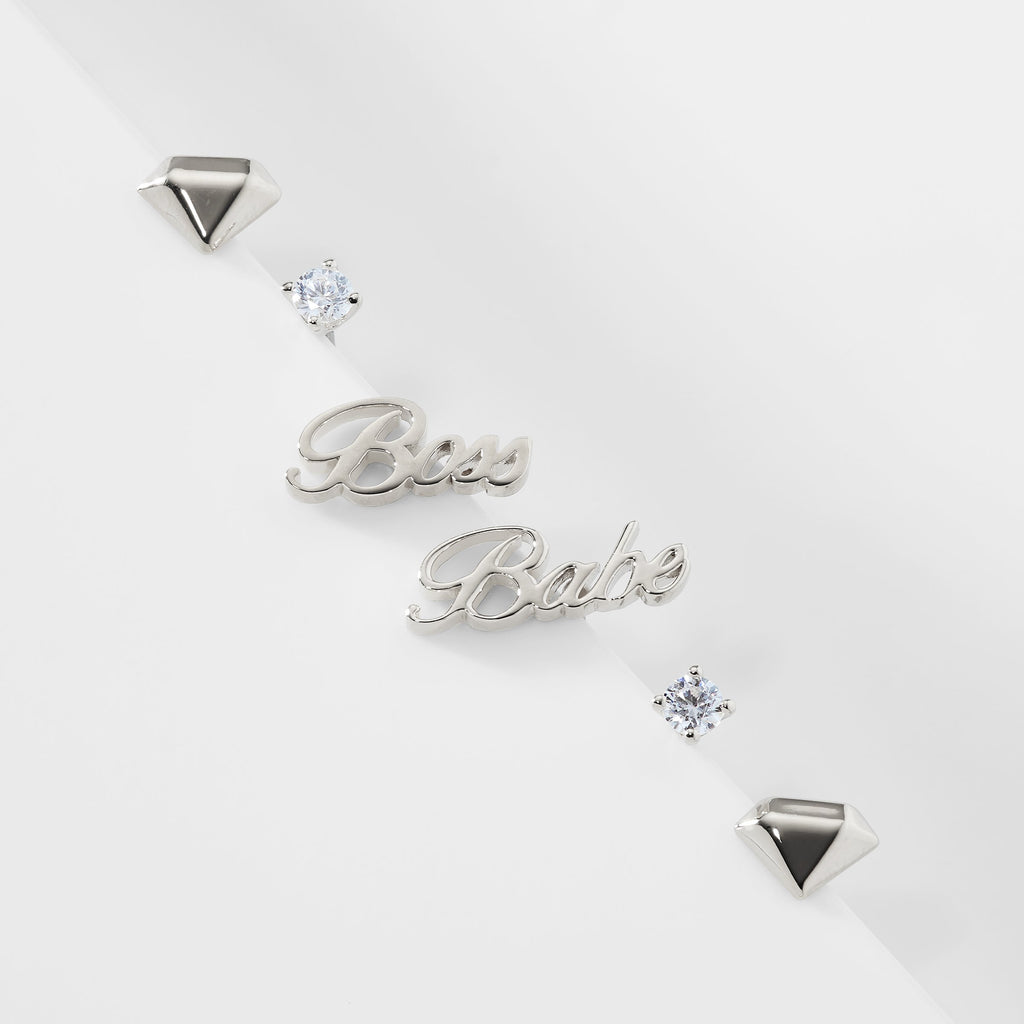 """""""""""""""""""""""""""""""Silver diamond shape stud earrings, cubic zirconia studs, and studs that say """"""""""""""""""""""""""""""""Boss Babe"""""""""""""""""""""""""""""""""""""""""""""""""""""""""""""""