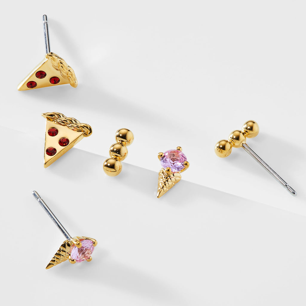 Gold pizza, ice cream cone, and metal bead stud earrings