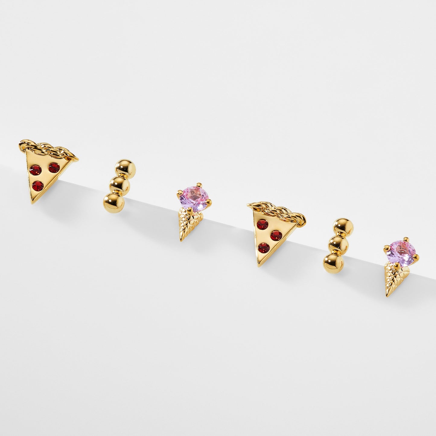 Gold pizza, ice cream cone, and metal bead stud earrings