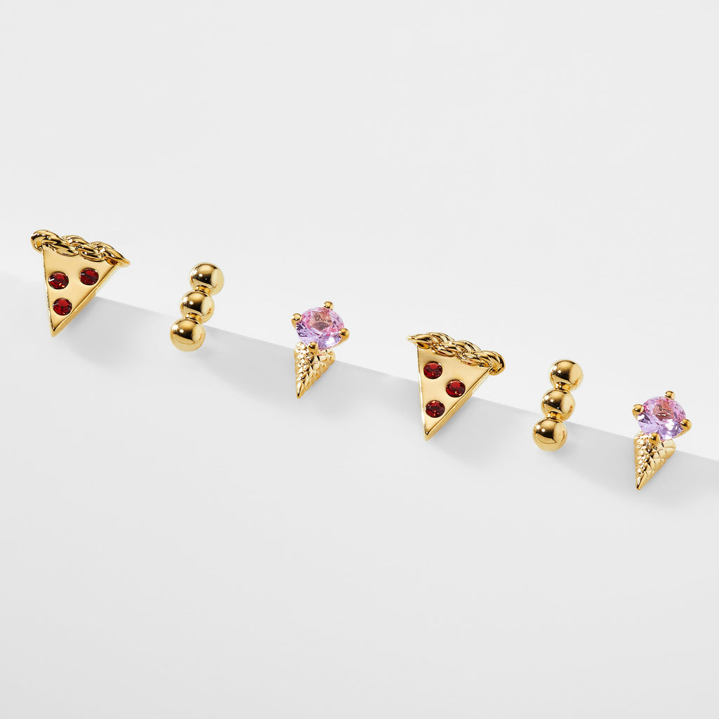 Gold pizza, ice cream cone, and metal bead stud earrings