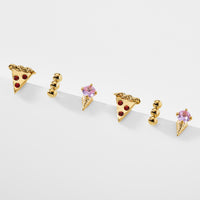 Gold pizza, ice cream cone, and metal bead stud earrings